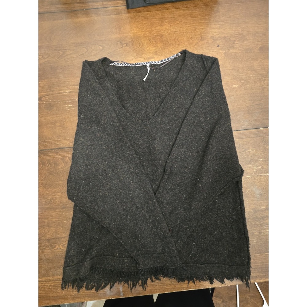 Free People Charcoal Wool Blend Fringe V-Neck Sweater (Size M)